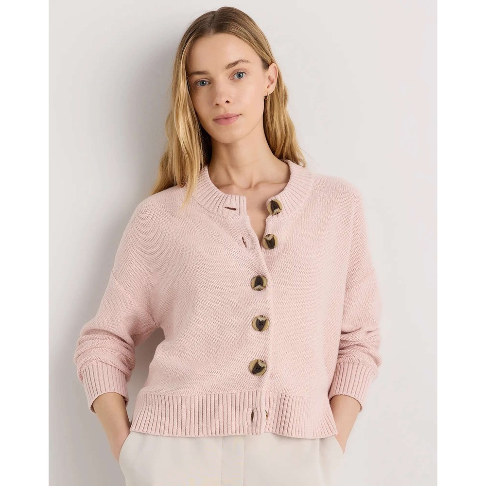 Quince Organic Cotton Fisherman Knit Cropped Cardigan Shell Pink Medium NWT